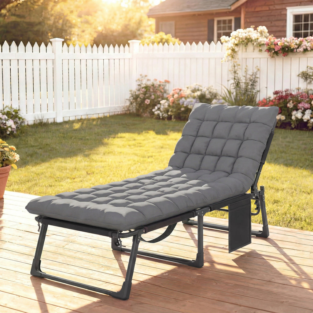 Folding Lounge Chair, 75 cm Wide with Cushion and Side Pocket, Dark Grey