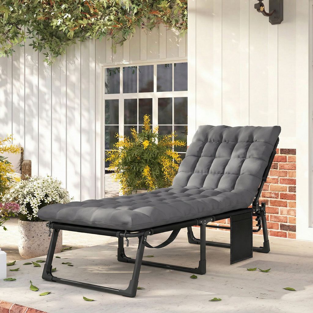 Folding Lounge Chair, 75 cm Wide with Cushion and Side Pocket, Dark Grey