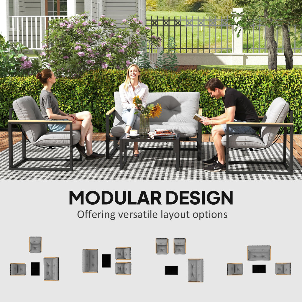 4 Piece Patio Furniture Set with Loveseat, Coffee Table and Thick Cushions, Light Grey