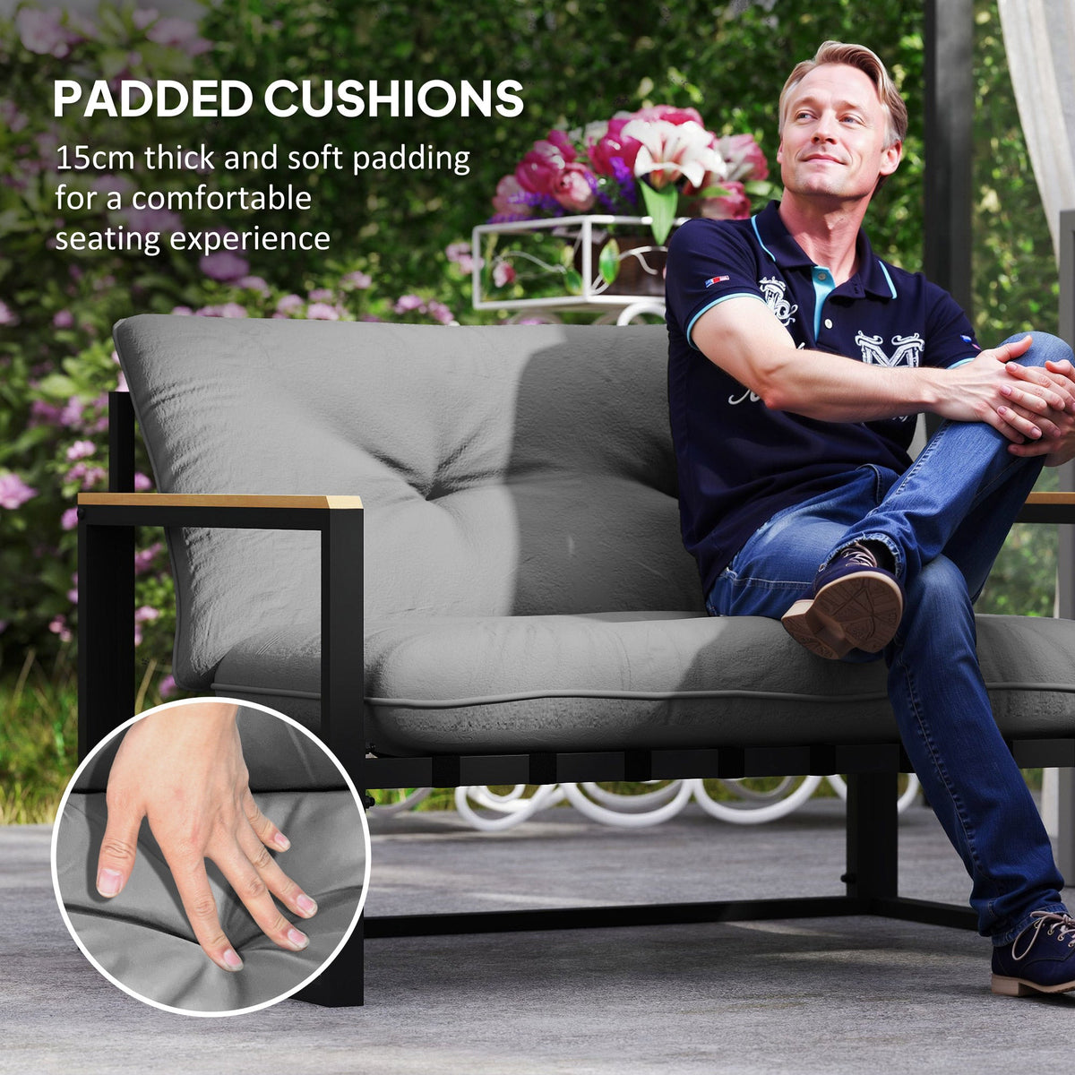 4 Piece Patio Furniture Set with Loveseat, Coffee Table and Thick Cushions, Light Grey