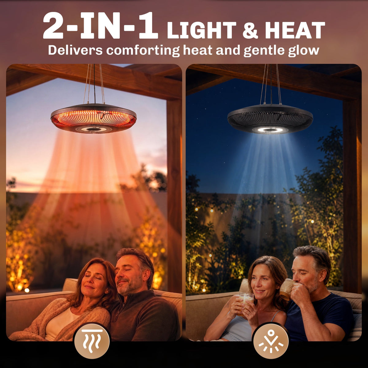 Hanging Patio Heater with LED Light, Touch & Remote, 1000/2000W IP65, Black