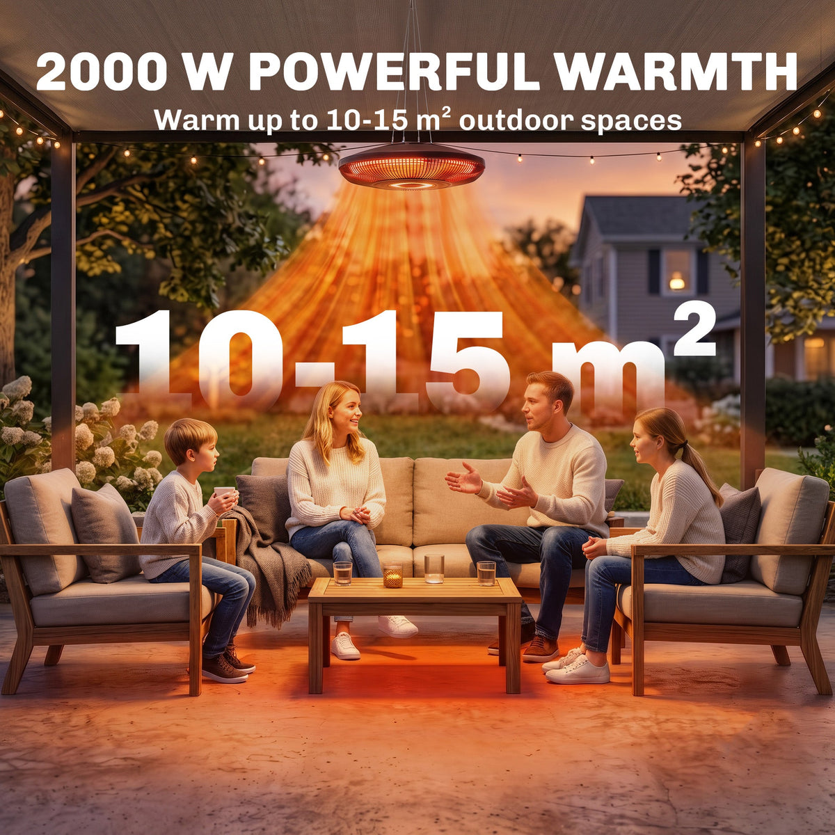 Hanging Patio Heater with LED Light, Touch & Remote, 1000/2000W IP65, Black