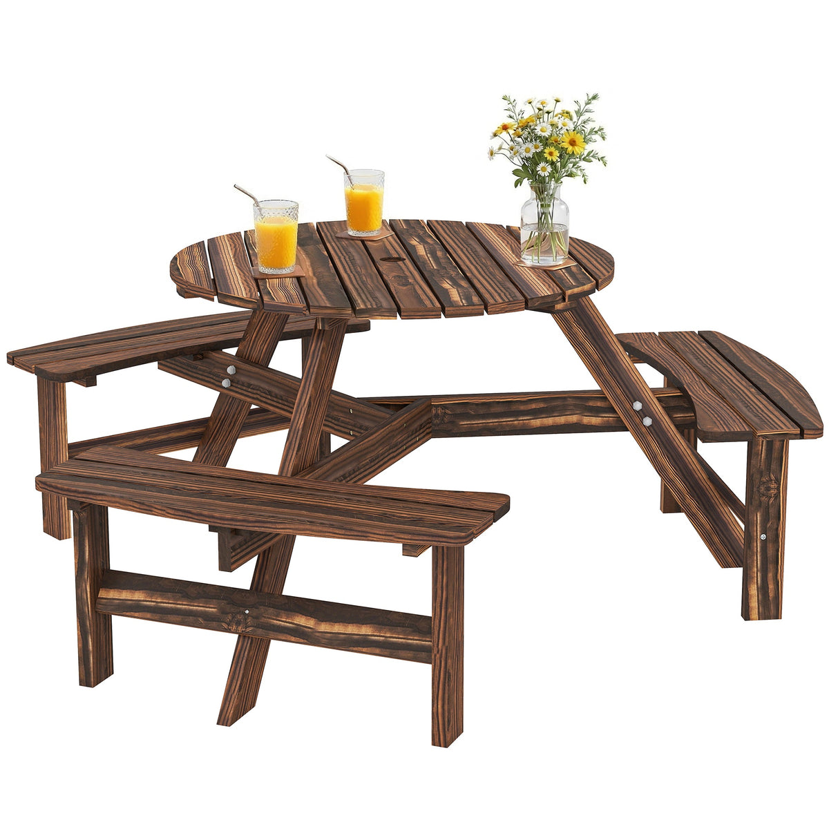 6 Seater Wooden Garden Picnic Table Set with Matching Bench, Carbonized