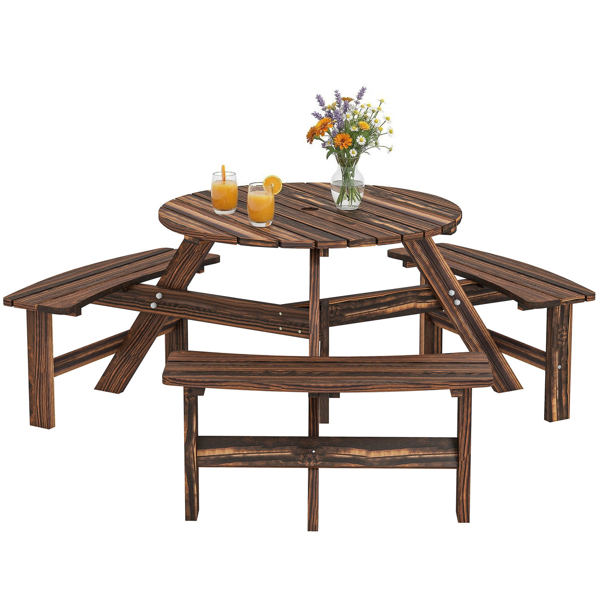 6 Seater Wooden Garden Picnic Table Set with Matching Bench, Carbonized