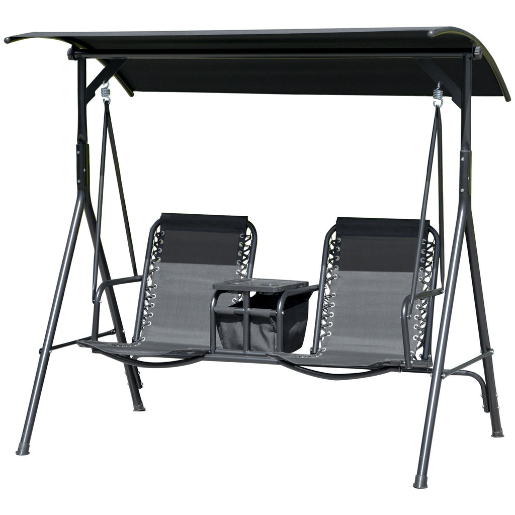 2 Person Porch Swing with Pivot Table, Cup Holder and Canopy, Black