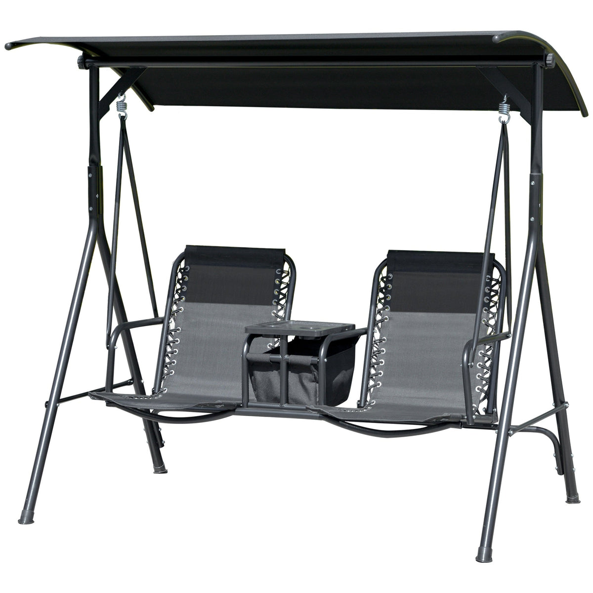 2 Person Porch Swing with Pivot Table, Cup Holder and Canopy, Black