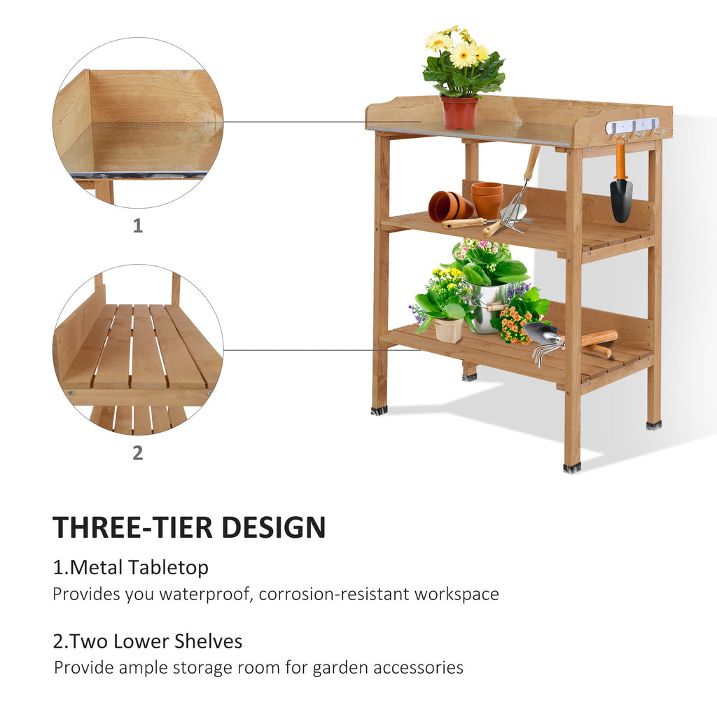 Wooden Potting Bench with Metal Top, Shelf and Hooks, Natural