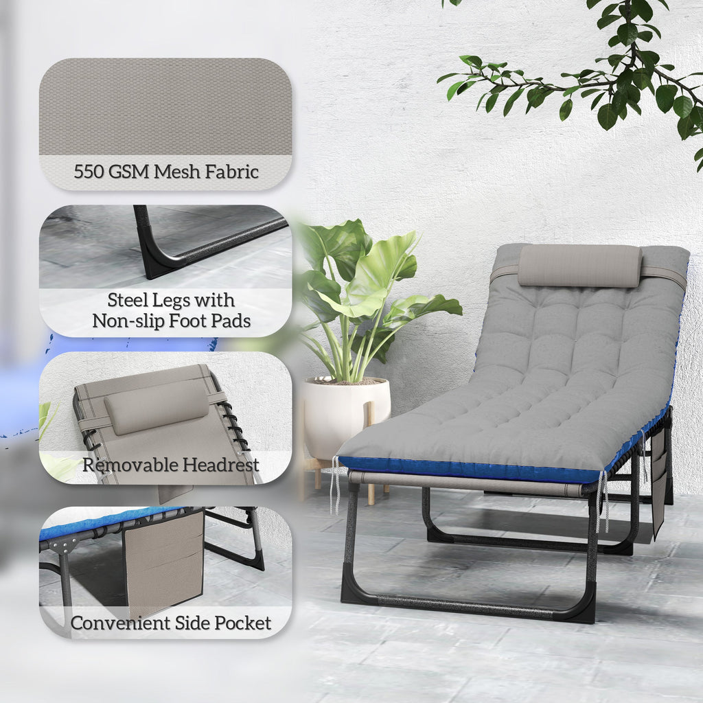 Set of 2 Folding Lounge Chairs with Cushion and Side Pocket, Brown/Blue