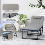 Set of 2 Folding Lounge Chairs with Cushion and Side Pocket, Brown/Blue