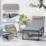 Set of 2 Folding Lounge Chairs with Cushion and Side Pocket, Brown/Blue