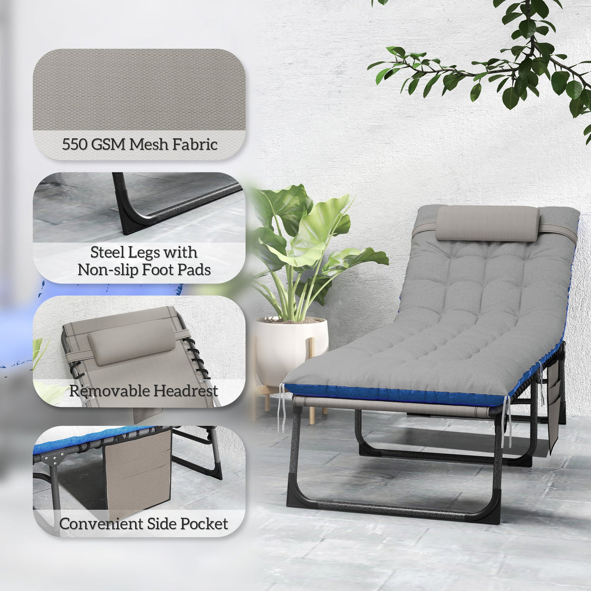Set of 2 Folding Lounge Chairs with Cushion and Side Pocket, Brown/Blue