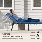 Set of 2 Folding Lounge Chairs with Cushion and Side Pocket, Brown/Blue