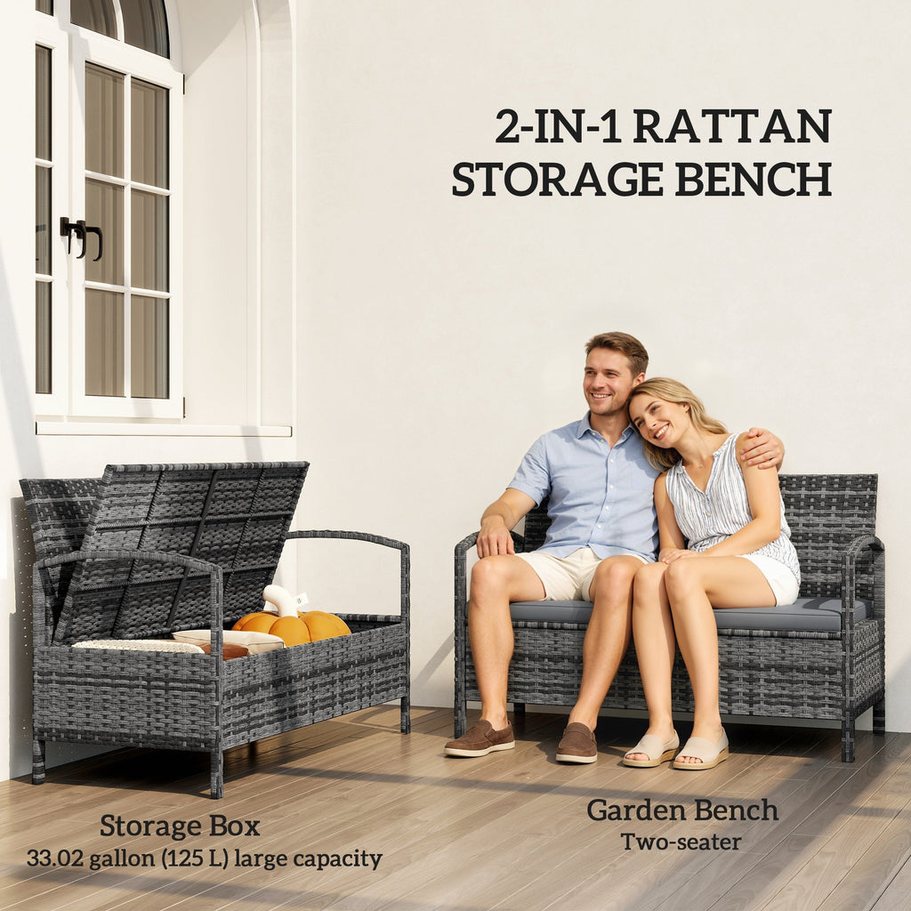 33 Gallon Wicker Outdoor Storage Bench with Cushion, Grey