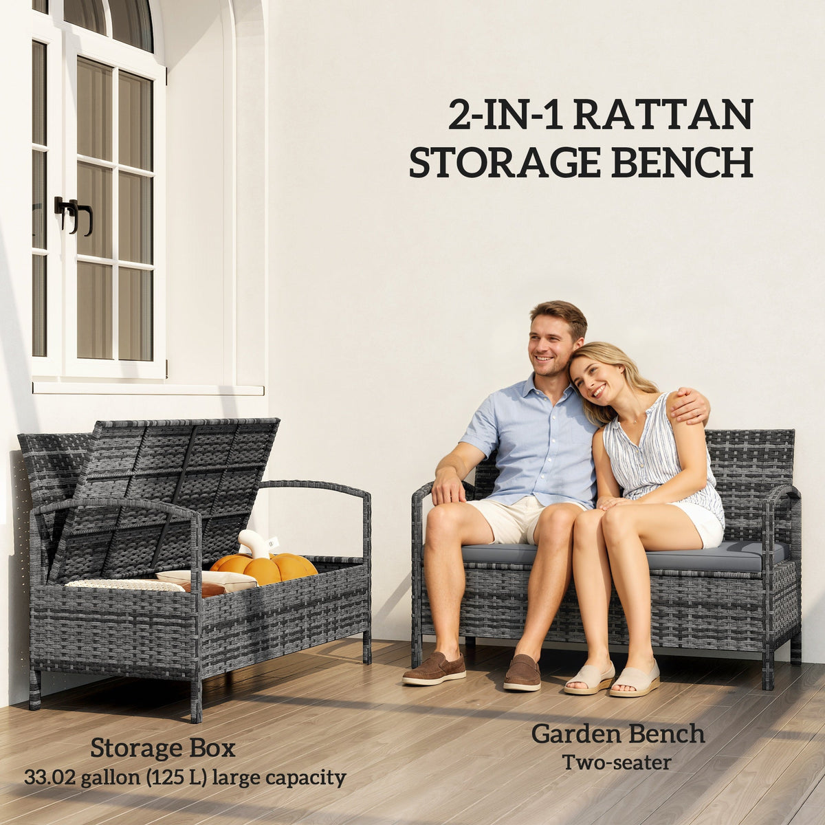 33 Gallon Wicker Outdoor Storage Bench with Cushion, Grey