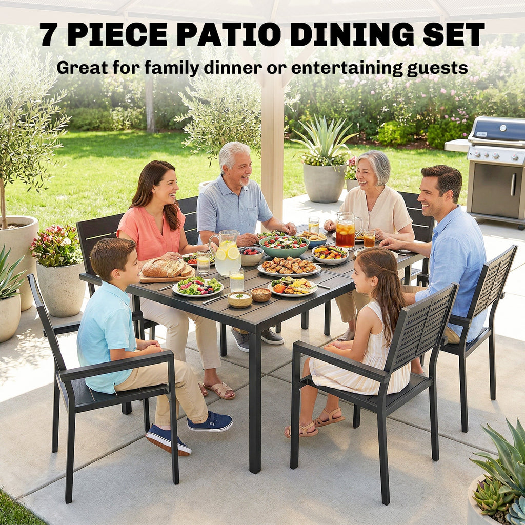 7-Piece Outdoor Dining Set with Slatted Tabletop and Metal Frame for 6, Black