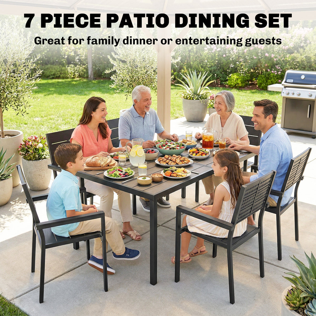 7-Piece Outdoor Dining Set with Slatted Tabletop and Metal Frame for 6, Black