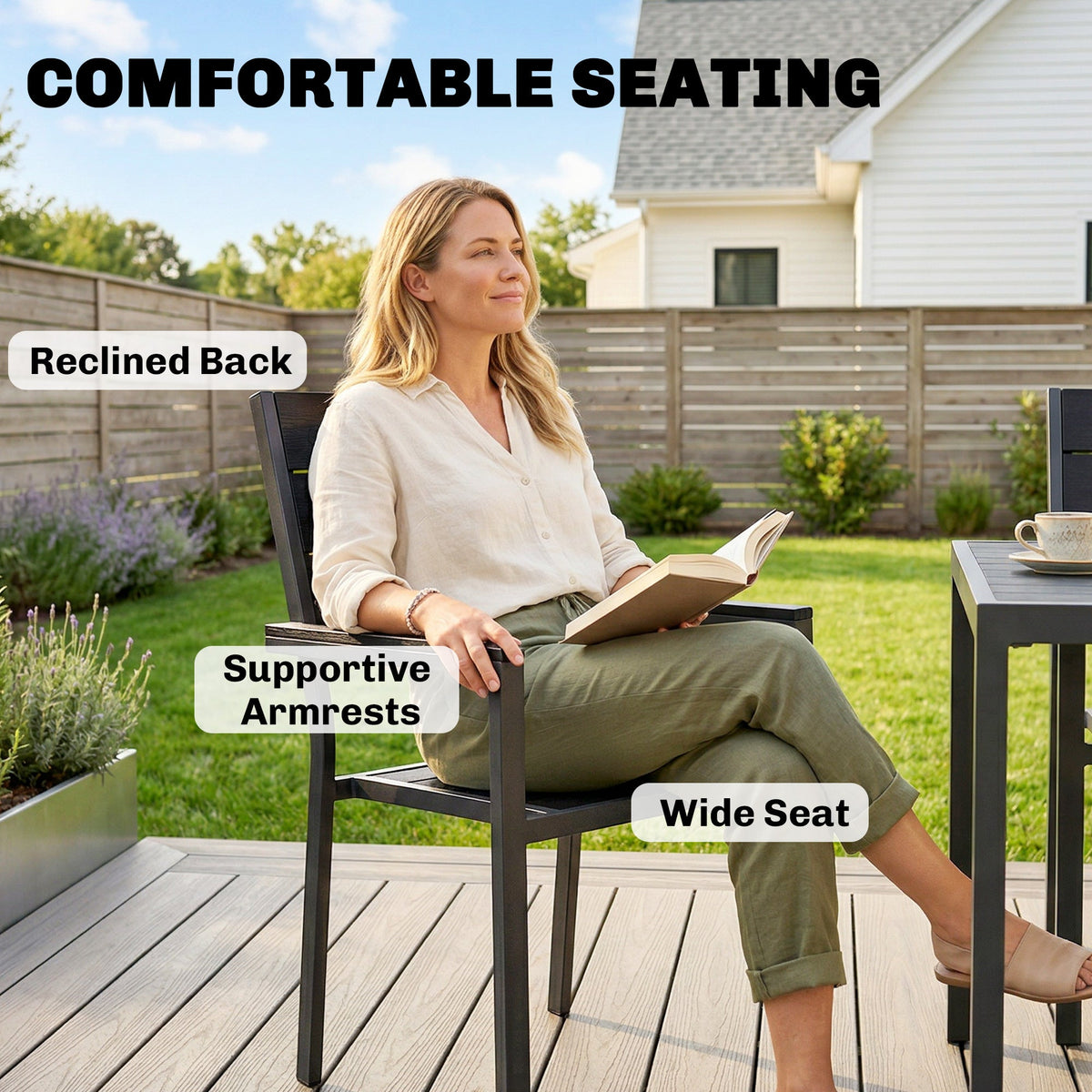7-Piece Outdoor Dining Set with Slatted Tabletop and Metal Frame for 6, Black