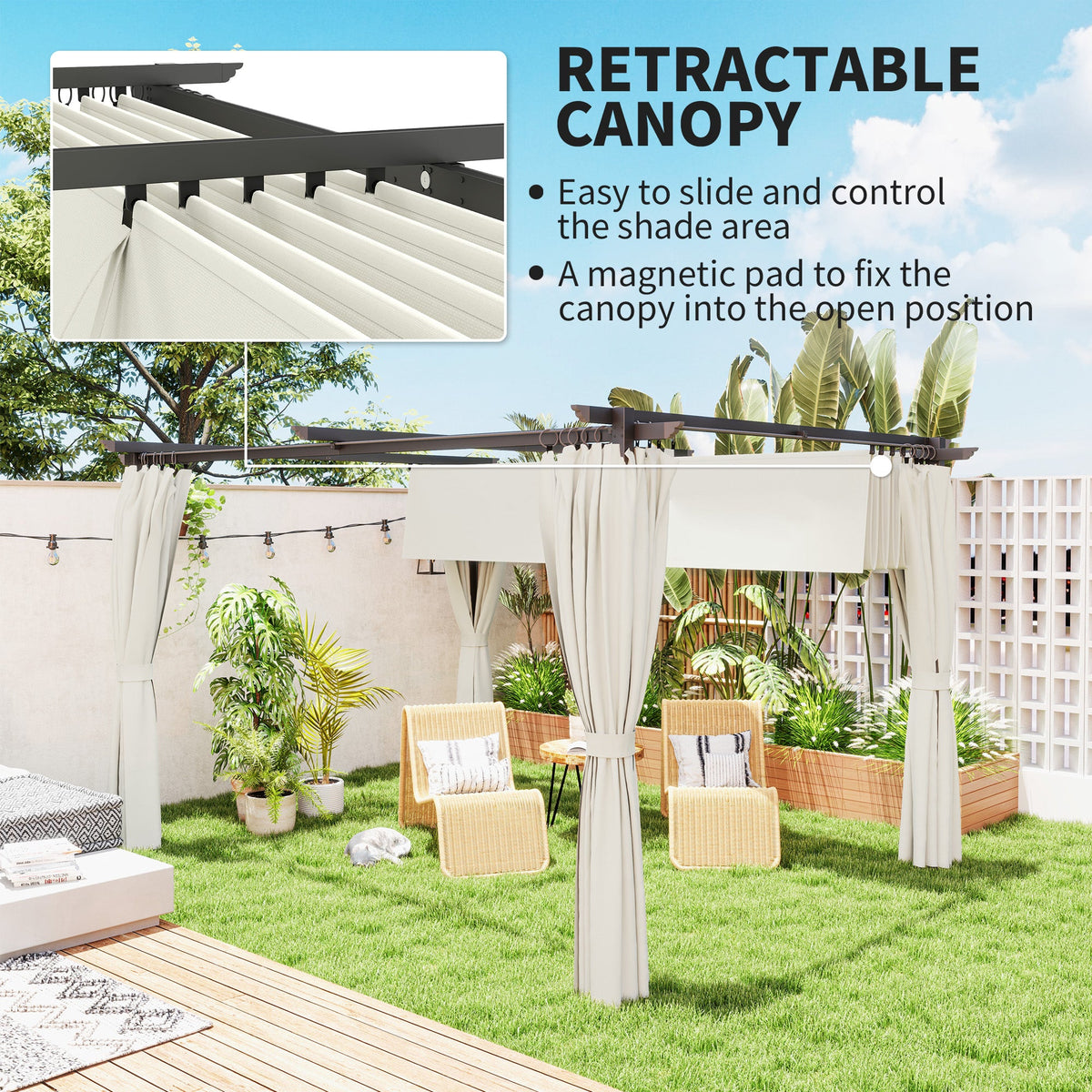 10' x 13' Retractable Pergola Canopy with Curtains, Cream White