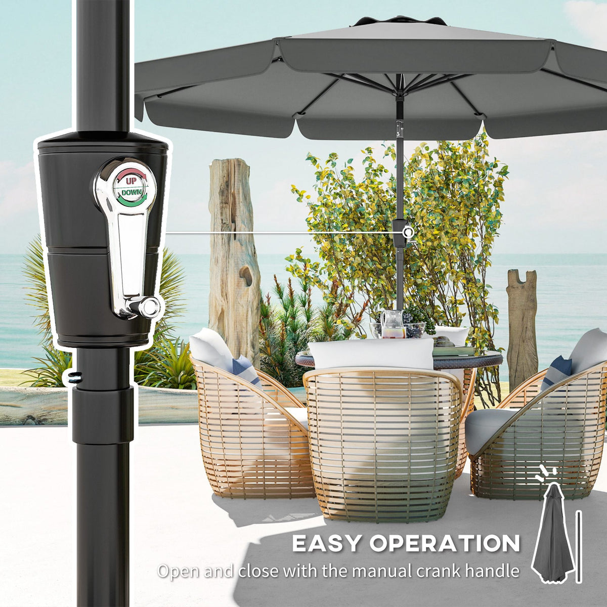 10ft Patio Umbrella with Push Button Tilt and Crank, Dark Grey