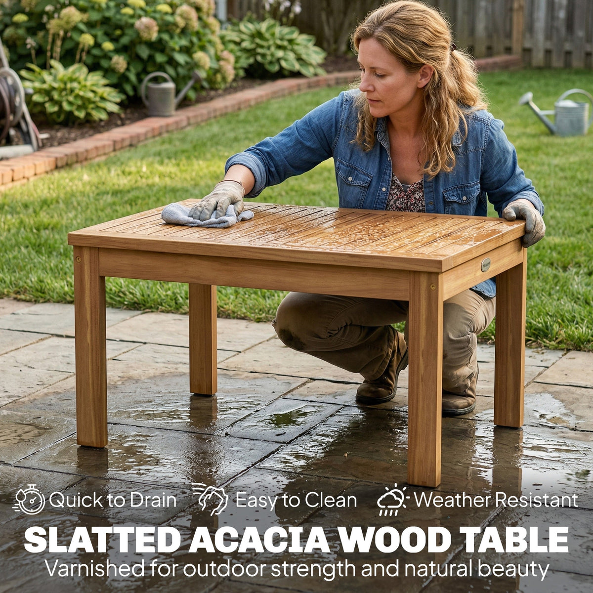 4-Seater Acacia Wood Outdoor Set with Loveseat, 2 Armchairs & Wood-Top Table, Cream