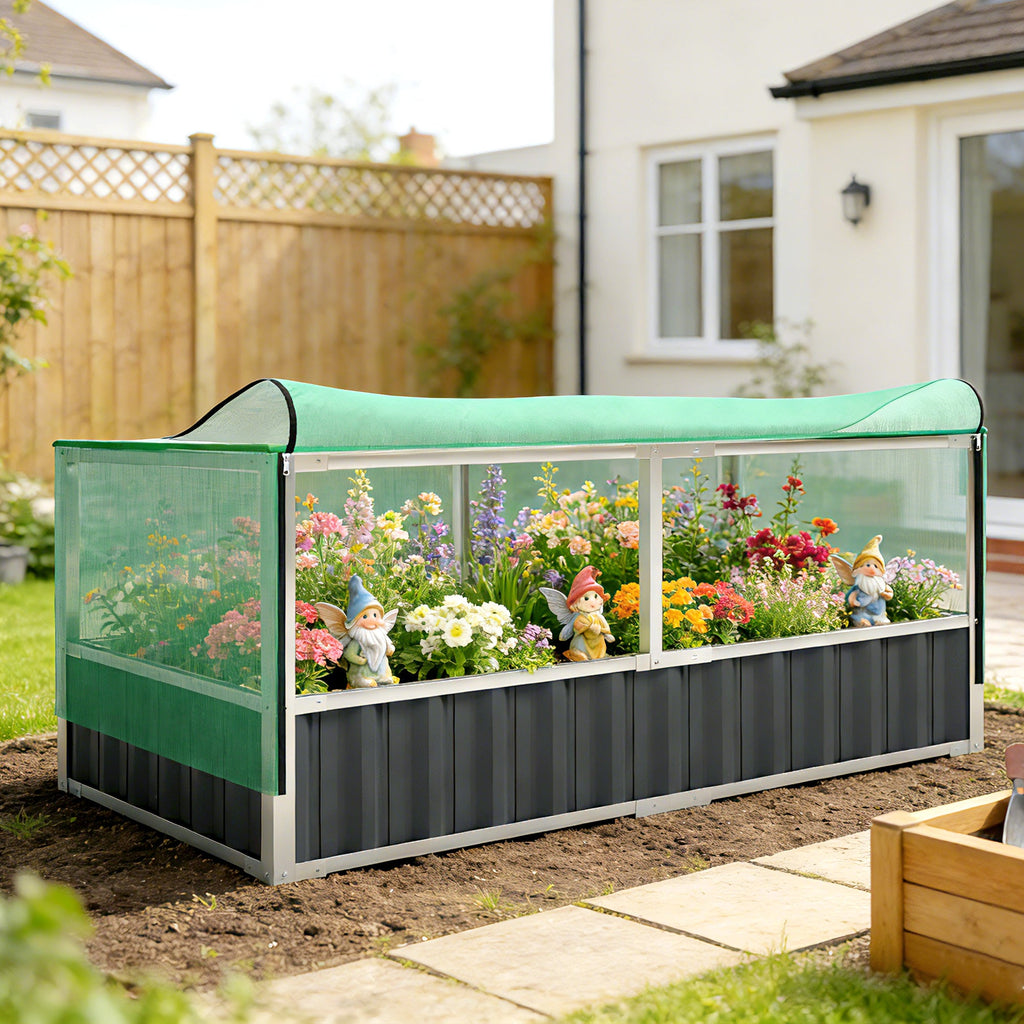 5.7 x 3 x 2.3ft Steel Raised Garden Bed with Cover and Gloves, Dark Grey