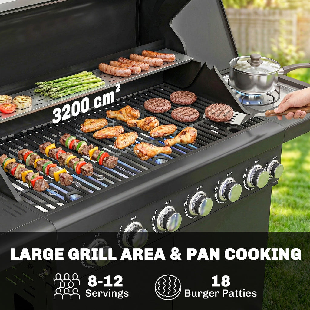 6+1 Burner Gas BBQ Grill with Cabinet and Viewing Window, Black