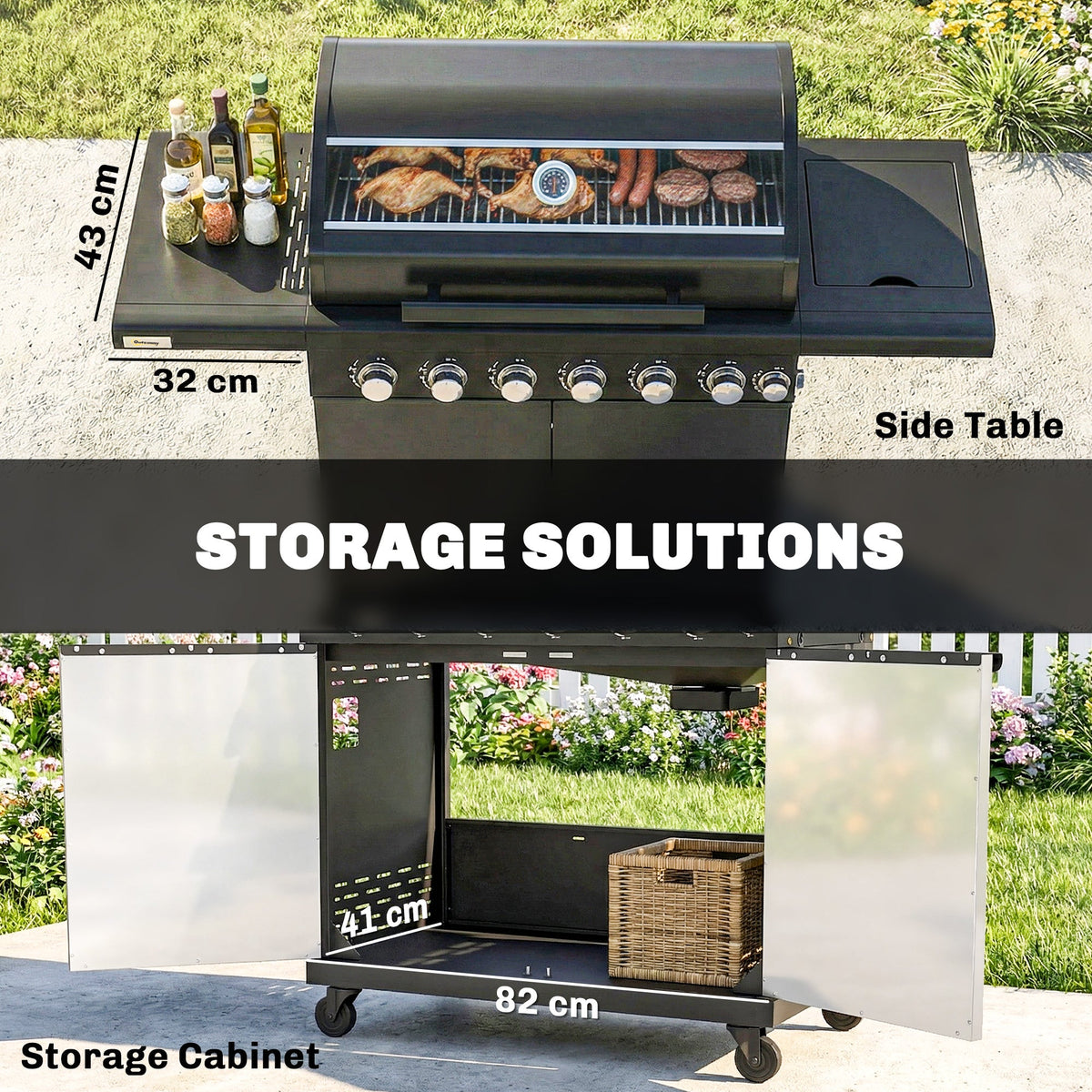 6+1 Burner Gas BBQ Grill with Cabinet and Viewing Window, Black