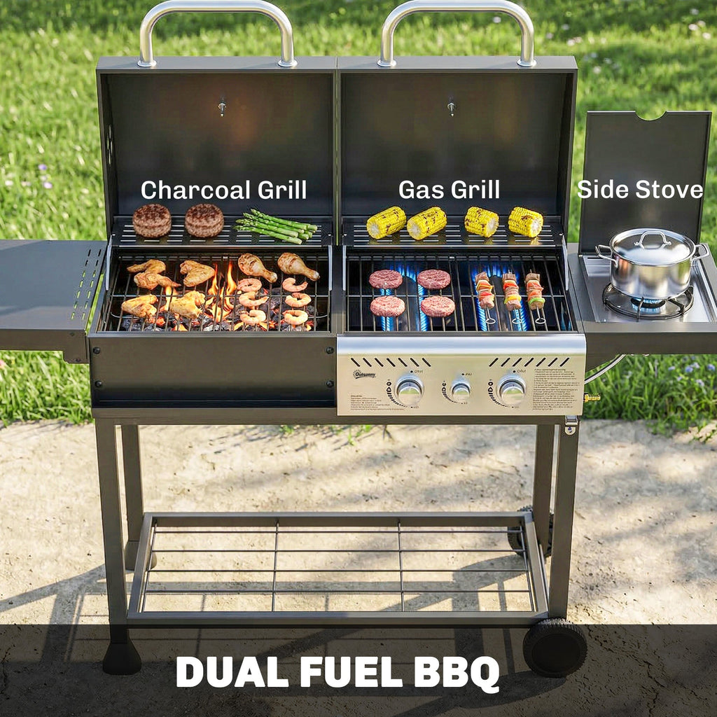 Dual Fuel BBQ Grill with Charcoal and 2+1 Gas Burners, Black