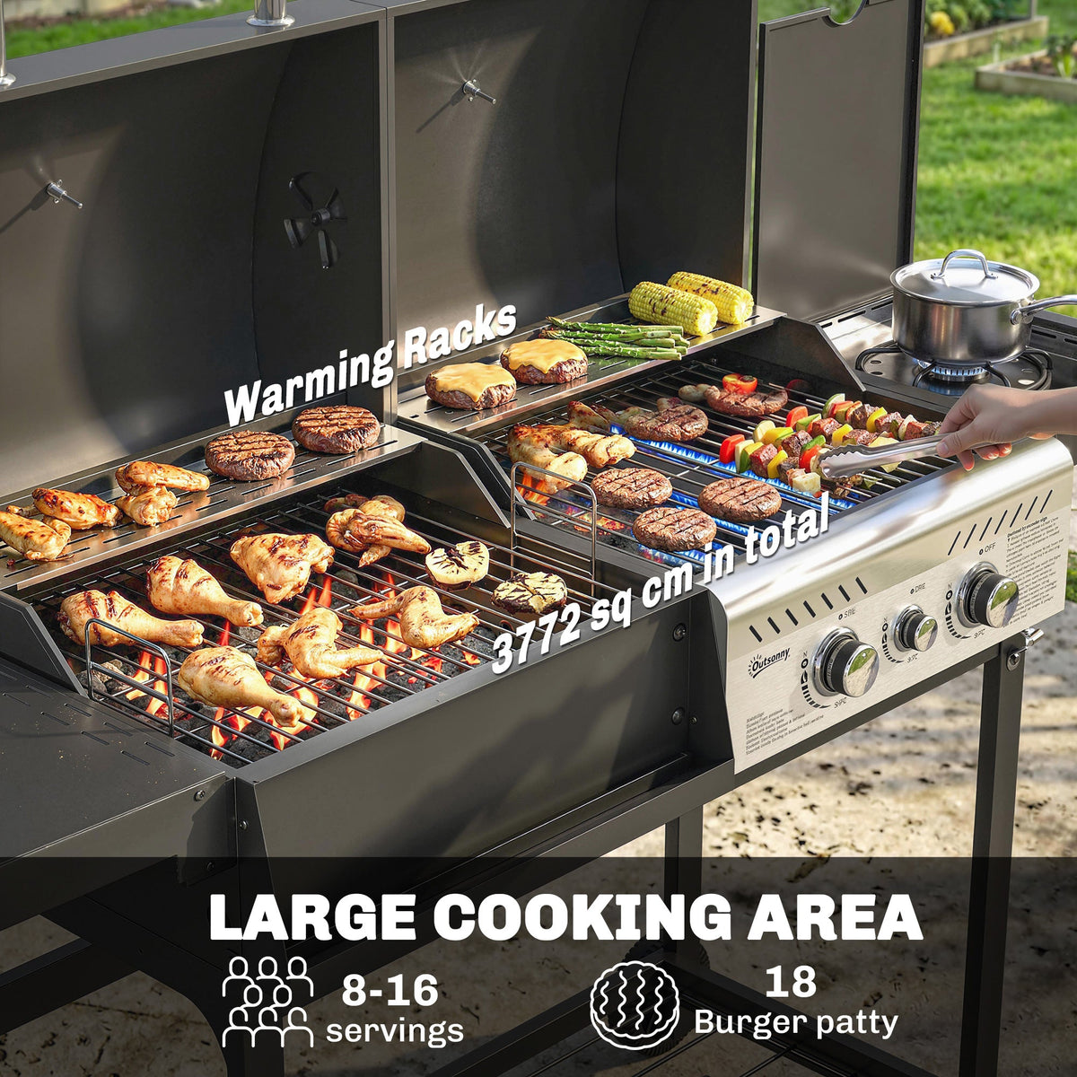 Dual Fuel BBQ Grill with Charcoal and 2+1 Gas Burners, Black