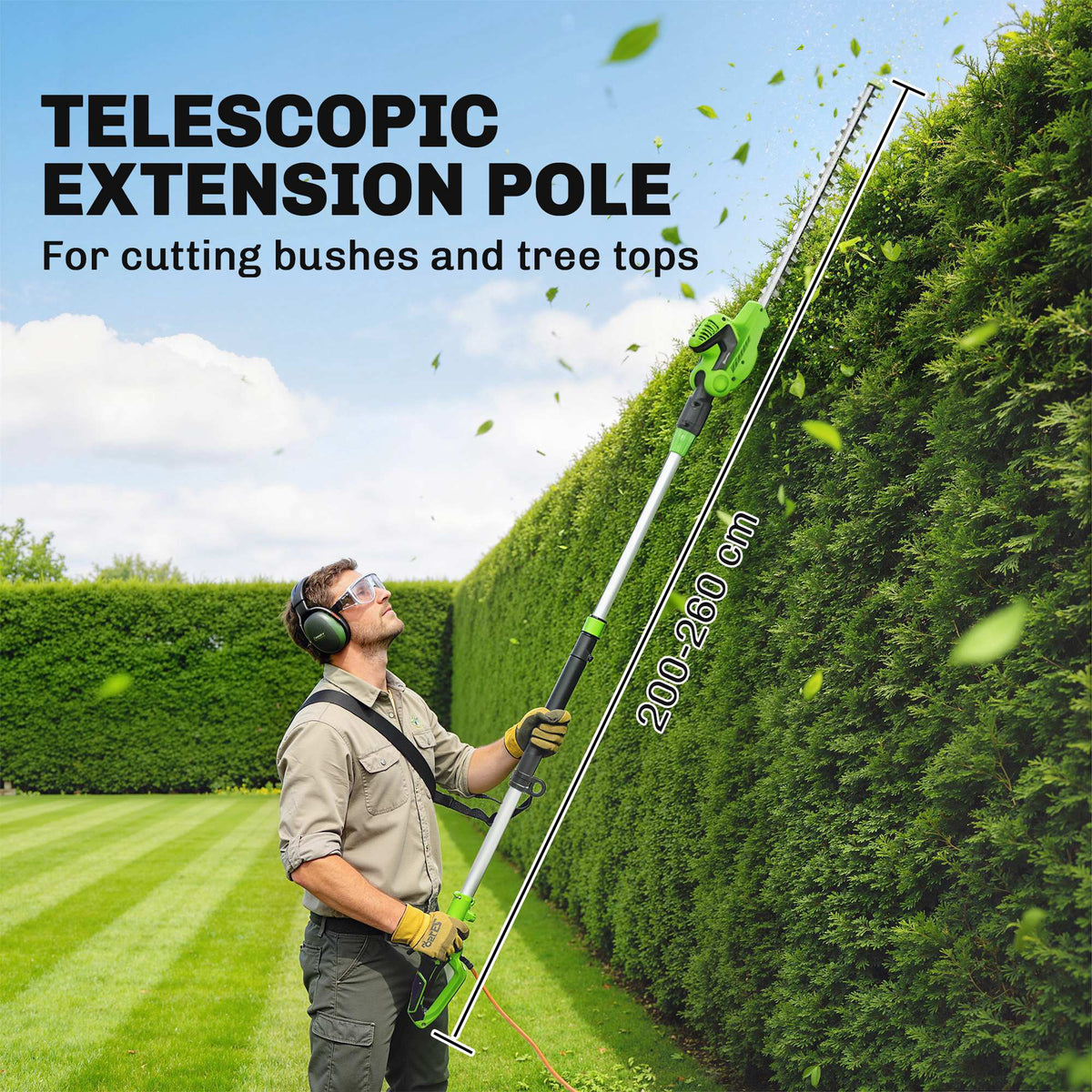 2.6 m Extendable Hedge Trimmer with 90° Head and 10 m Cable