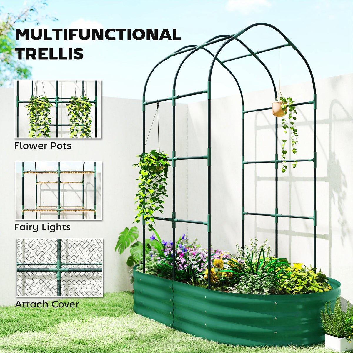 Galvanised Raised Garden Bed with Arched Trellis for Vegetables & Flowers