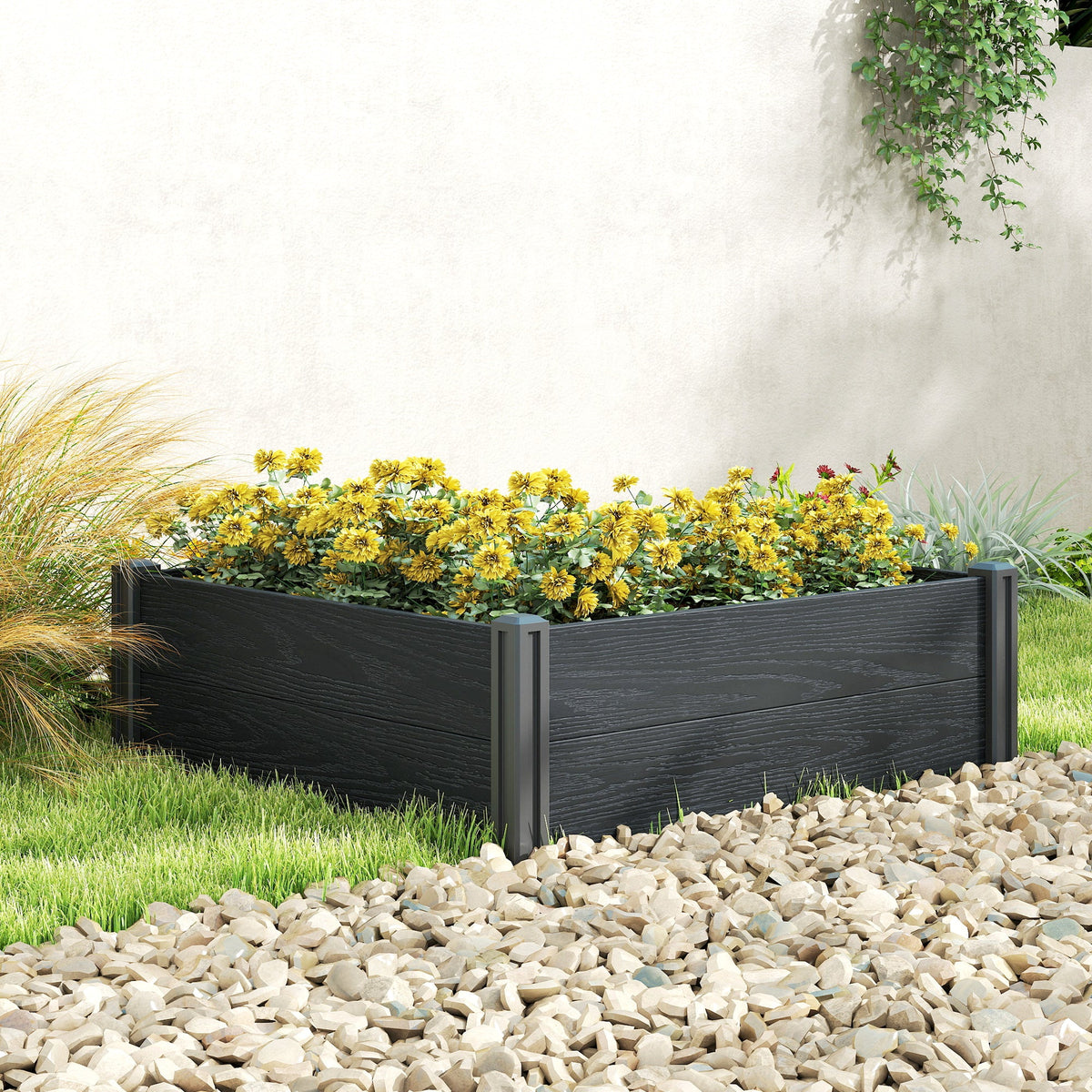 3 x 3 x 1ft Vinyl Raised Garden Bed with Open Bottom, Grey Wood Effect