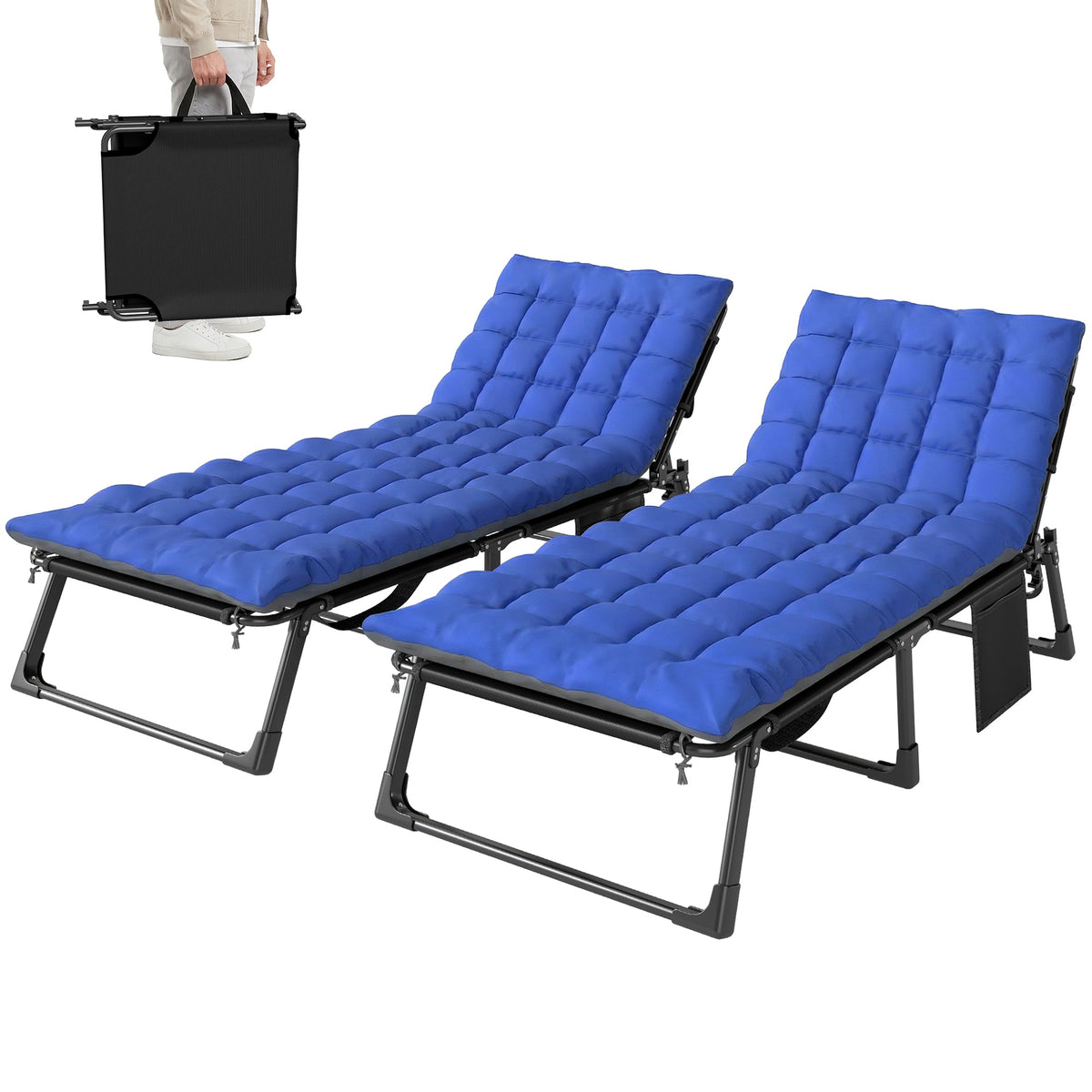 Set of 2 Folding Lounge Chairs, 75 cm Wide with Cushion and Side Pocket, Dark Grey/Blue