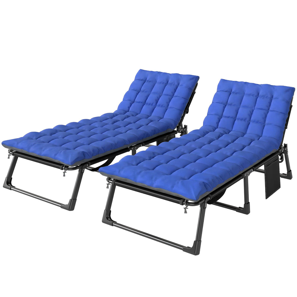 Set of 2 Folding Lounge Chairs, 75 cm Wide with Cushion and Side Pocket, Dark Grey/Blue