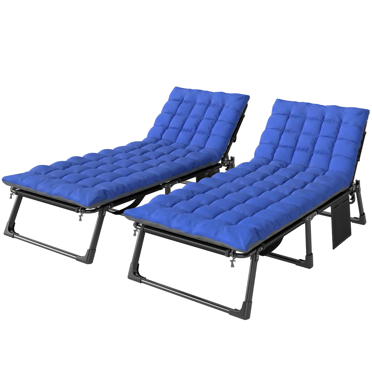 Set of 2 Folding Lounge Chairs, 75 cm Wide with Cushion and Side Pocket, Dark Grey/Blue