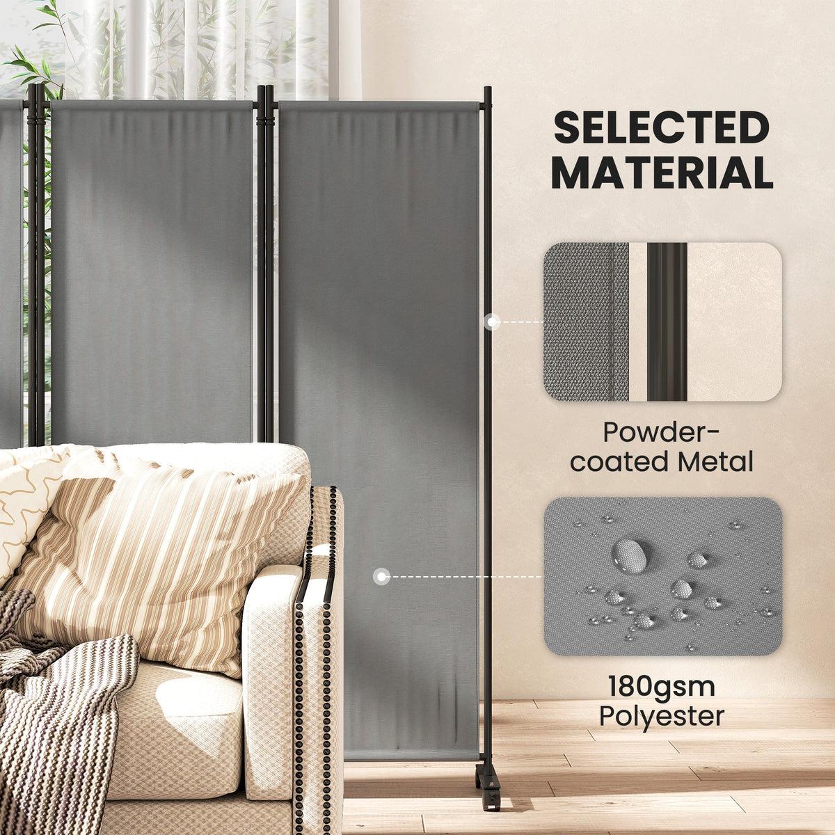4 Panel Folding Room Divider with Lockable Wheels, Dark Grey