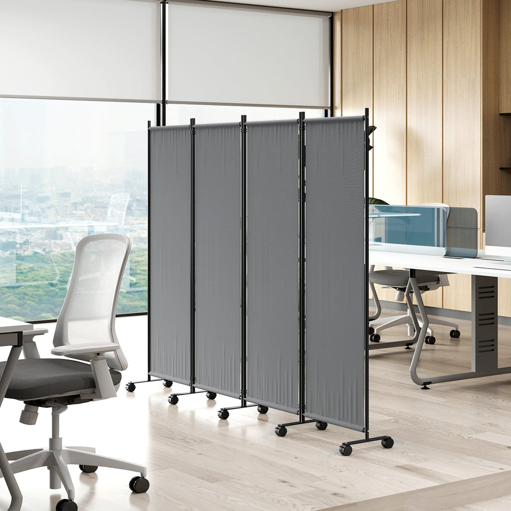 4 Panel Folding Room Divider with Lockable Wheels, Dark Grey