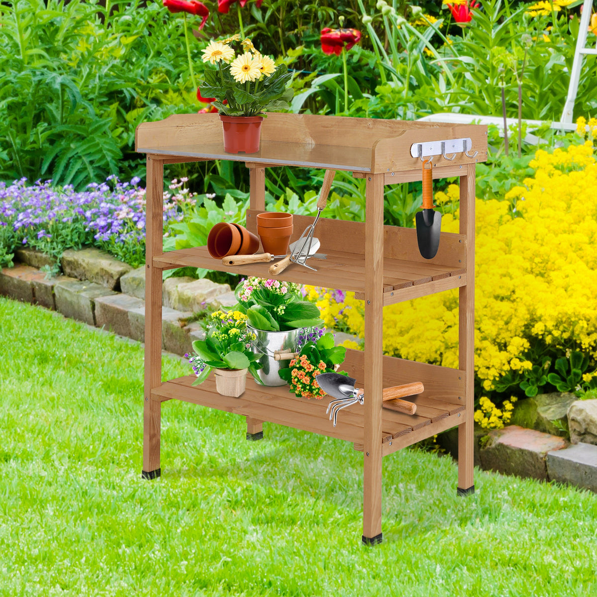 Wooden Potting Bench with Metal Top, Shelf and Hooks, Natural