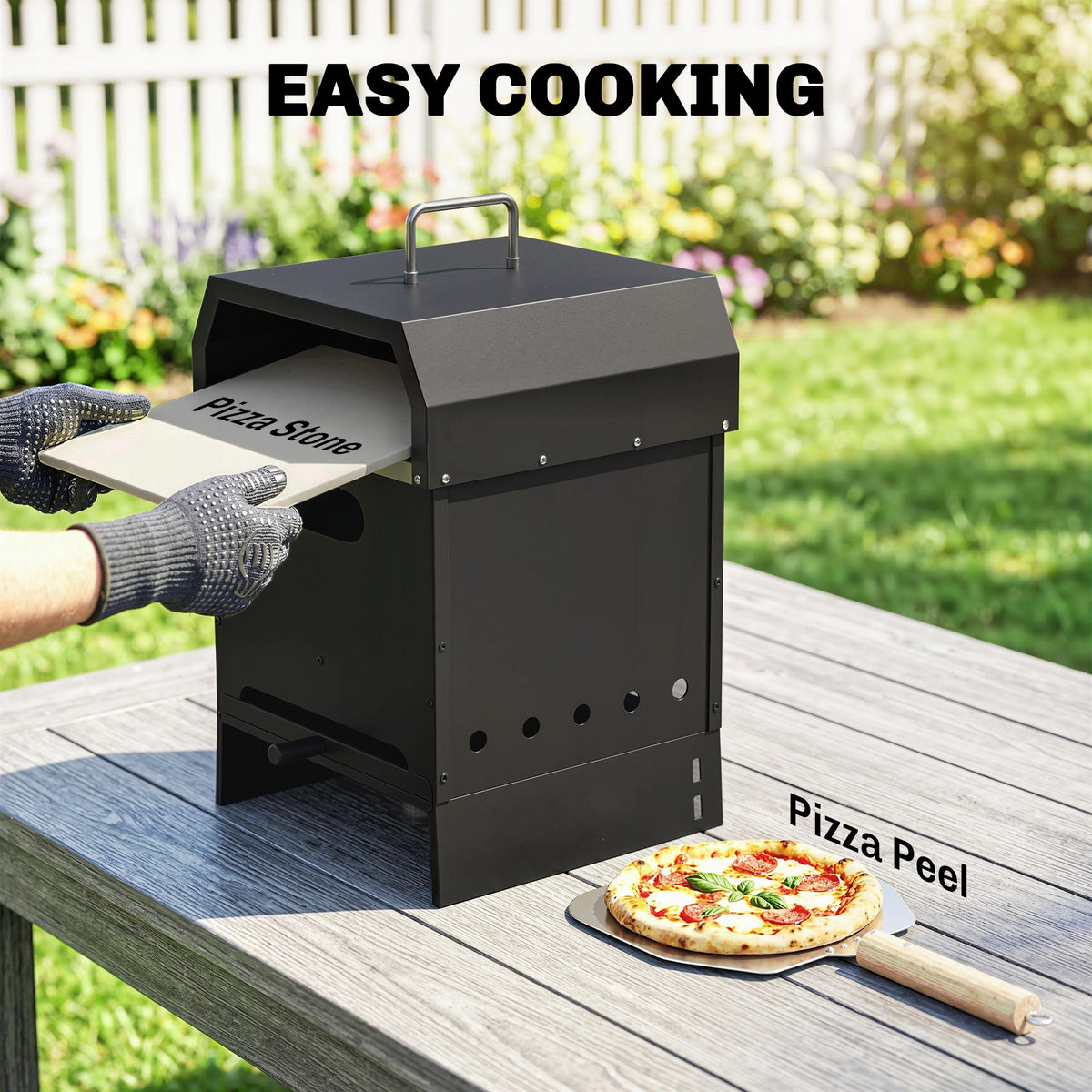 3-in-1 Wood-Fired Pizza Oven with Stone & Peel for Charcoal Grill, Black