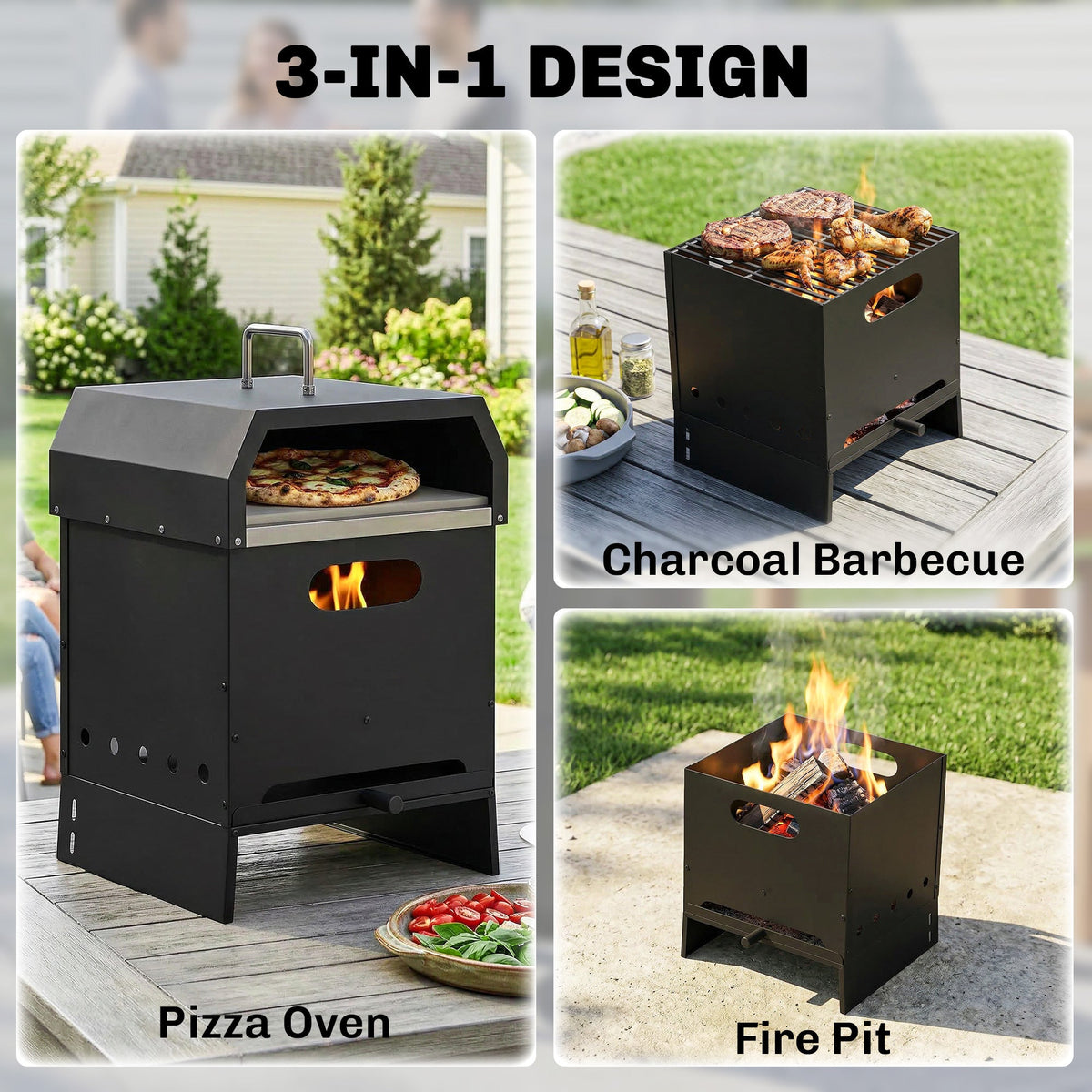 3-in-1 Wood-Fired Pizza Oven with Stone & Peel for Charcoal Grill, Black