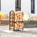 2-Tier Firewood Rack with 4 Fireplace Tools & Hooks, 220 lb Capacity, Coffee Brown