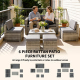 6 Piece Rattan Nesting Patio Set with Loveseat and Footstools, Dark Grey