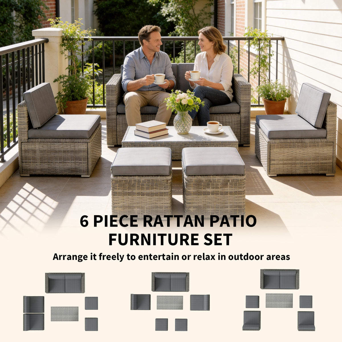 6 Piece Rattan Nesting Patio Set with Loveseat and Footstools, Dark Grey