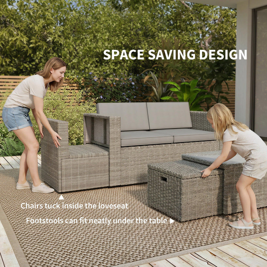 6 Piece Rattan Nesting Patio Set with Loveseat and Footstools, Dark Grey