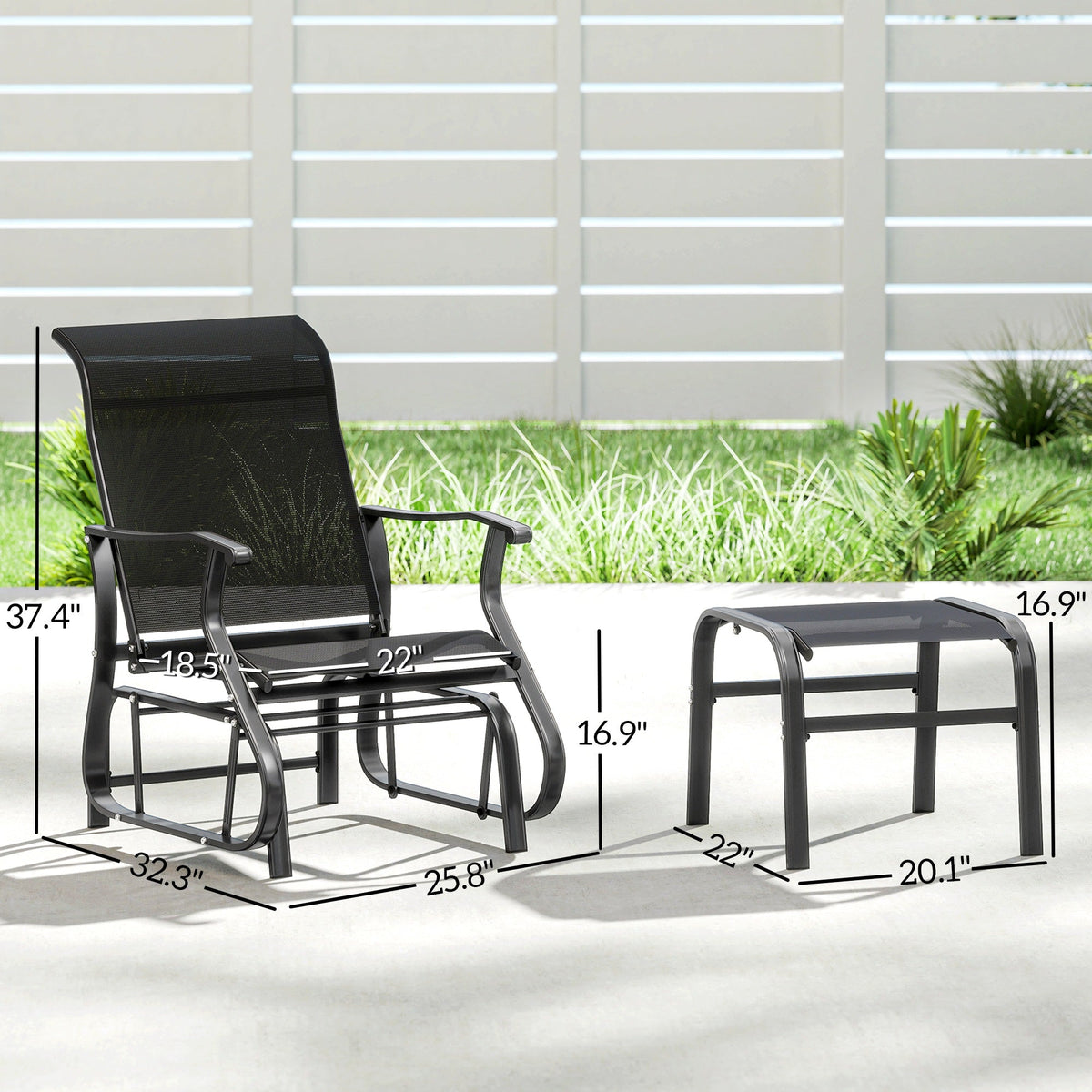 2-Piece Outdoor Glider Chair with Ottoman and All-Weather Breathable Mesh, Black