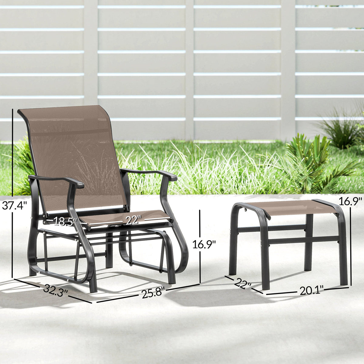 2-Piece Outdoor Glider Chair with Ottoman and All-Weather Breathable Mesh, Brown