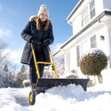 Heavy Duty Metal Snow Pusher with Wheels, 5-level Handle, 29in x 16.5in, Yellow