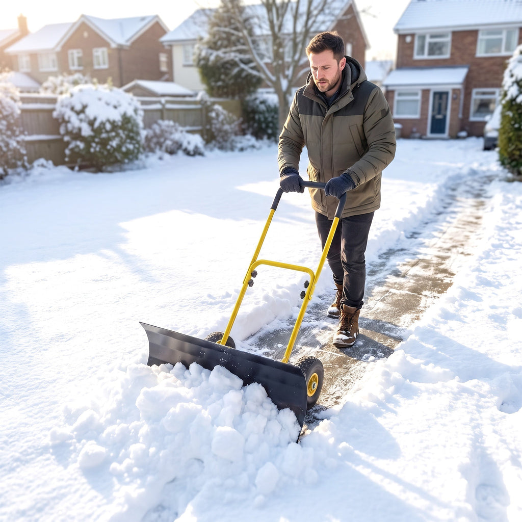 Heavy Duty Metal Snow Pusher with Wheels, 5-level Handle, 29in x 16.5in, Yellow