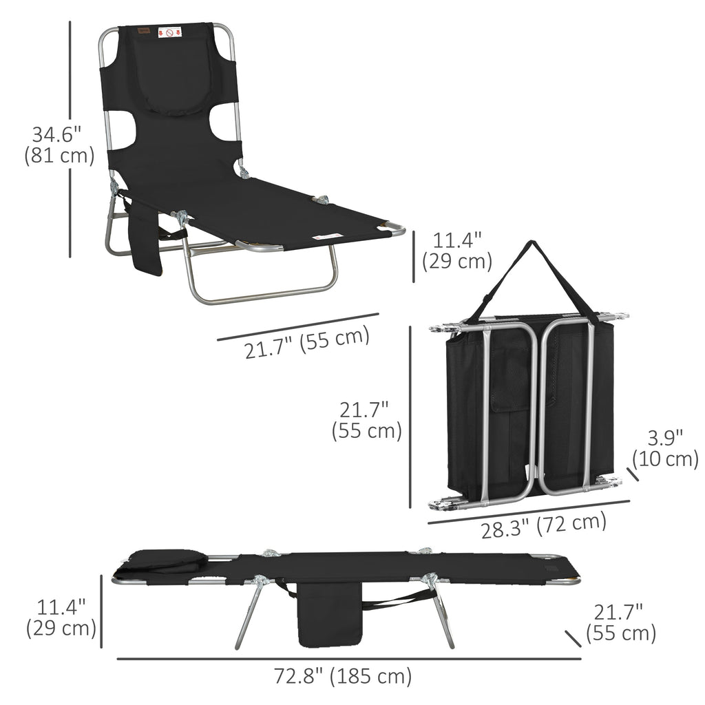 Folding Lounge Chair with Face Hole, Side Pocket and Strap, Black