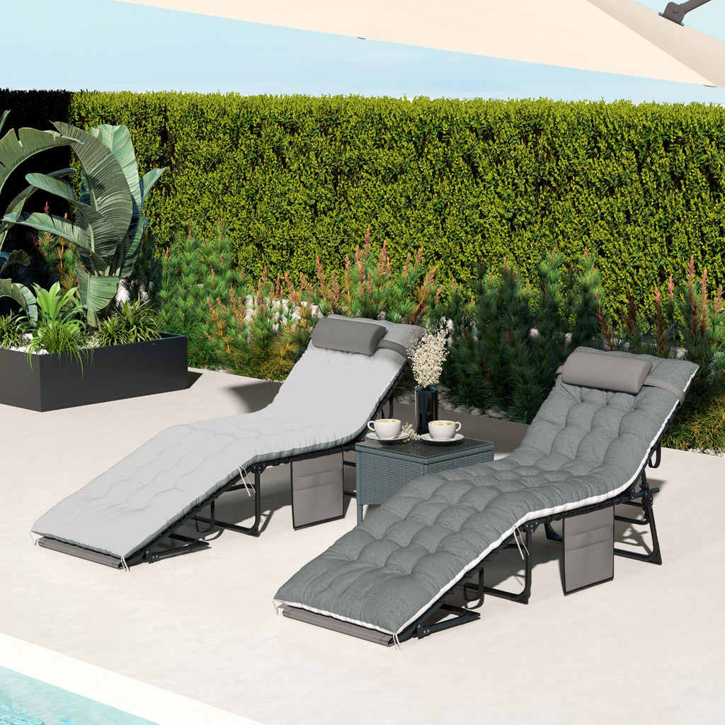 Set of 2 Folding Lounge Chairs with Cushion and Side Pocket, Grey